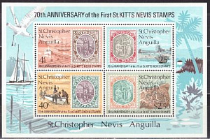 Сент-Кристофер и Невис, 1973, 70 лет почтовым маркам, блок